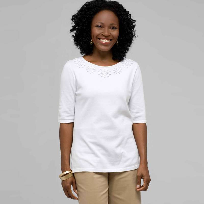 Embellished Boat Neck Tee, White, large image number 0