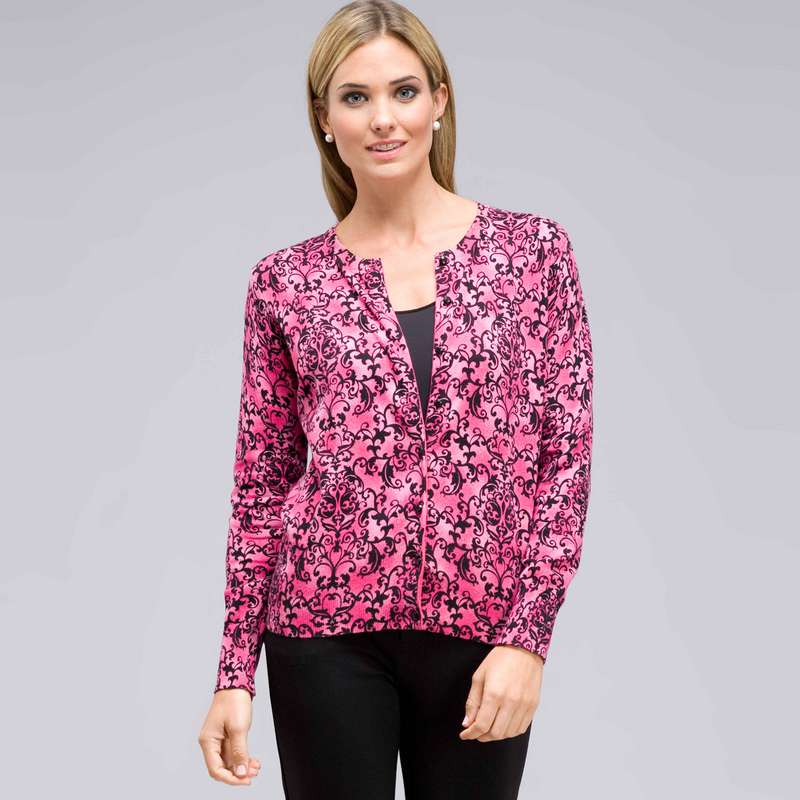 Button Front Crew Neck Cardigan, Begonia Multi, large image number 0